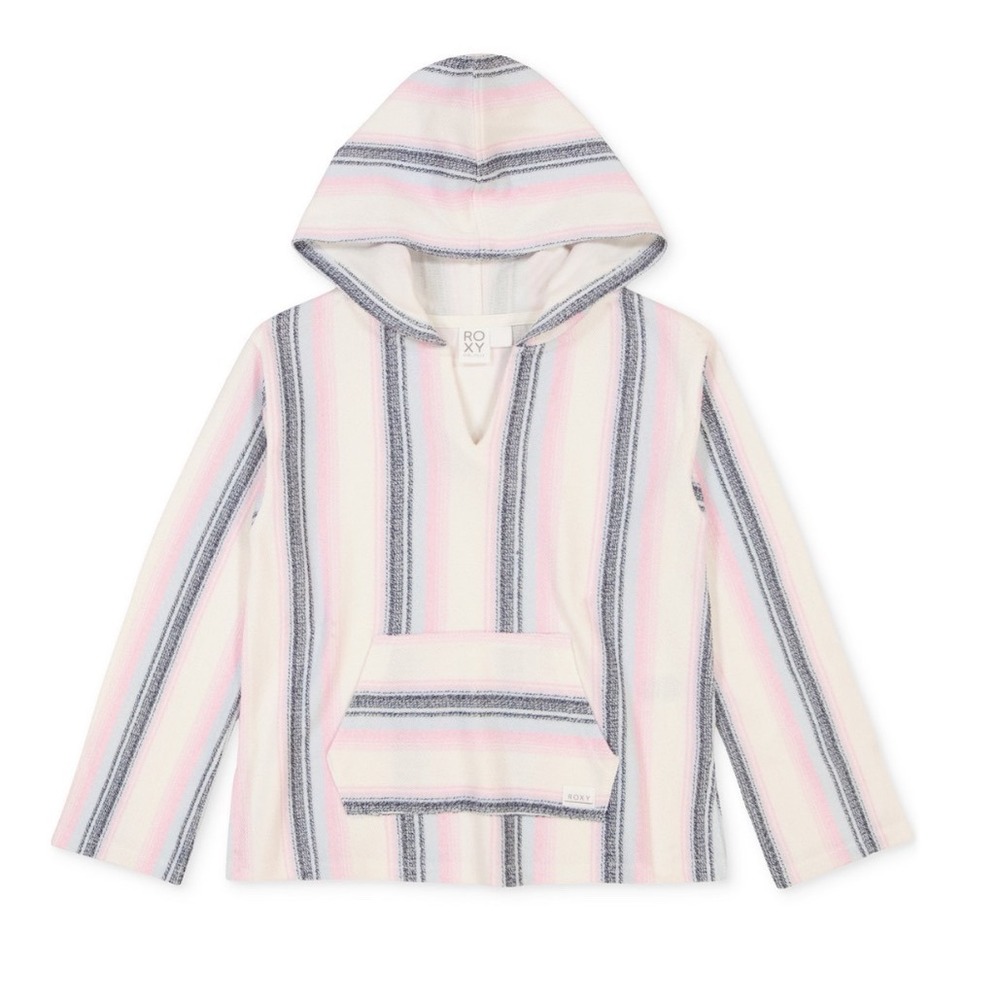 Roxy Girls XL 16 Baja Hoodie Pink‎ Grey Striped Pullover Surf Beach Sweatshirt
